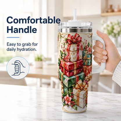 #pl[40oz|White] Jewel Style Christmas 40oz Tumbler with Handle, Festive Presents Design