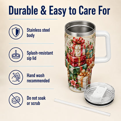 Jewel Style Christmas 40oz Tumbler with Handle, Festive Presents Design