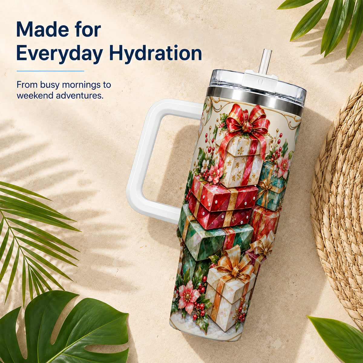 Jewel Style Christmas 40oz Tumbler with Handle, Festive Presents Design