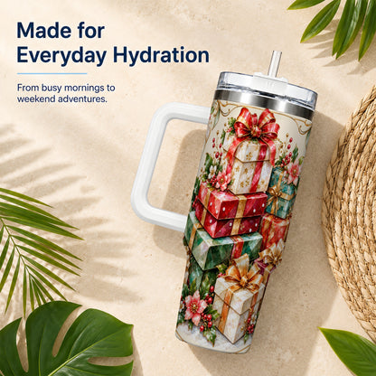 Jewel Style Christmas 40oz Tumbler with Handle, Festive Presents Design