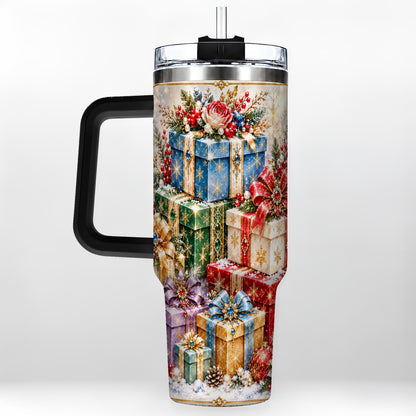 #pl[40oz|Black] Snowflake Christmas Gifts 40oz Tumbler with Handle, Festive Winter Art