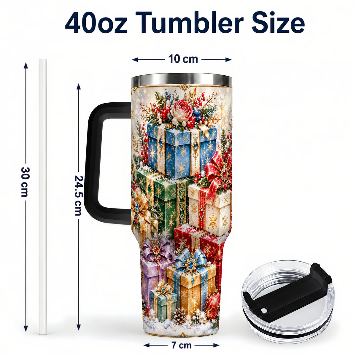#pl[40oz|Black] Snowflake Christmas Gifts 40oz Tumbler with Handle, Festive Winter Art
