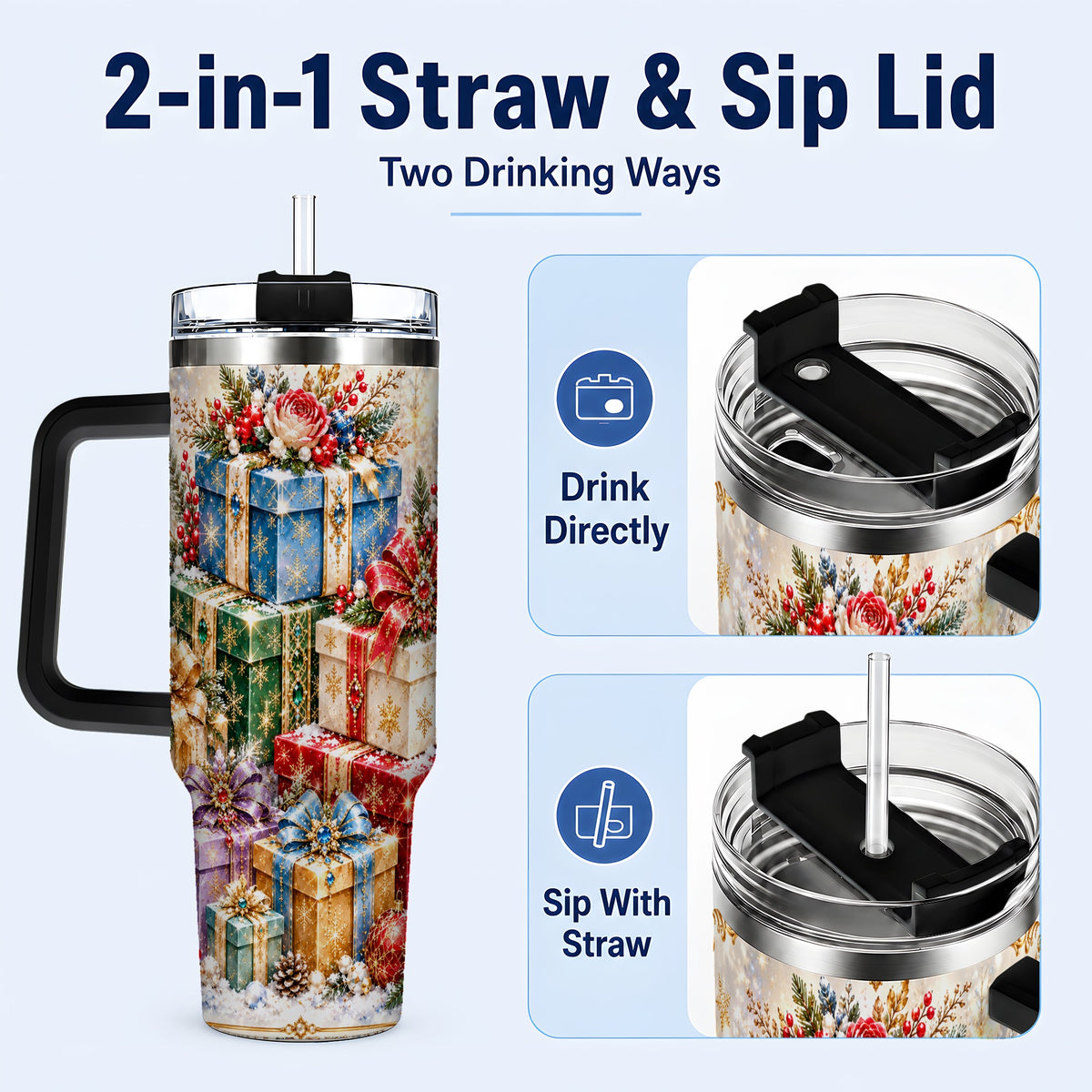 #pl[40oz|Black] Snowflake Christmas Gifts 40oz Tumbler with Handle, Festive Winter Art