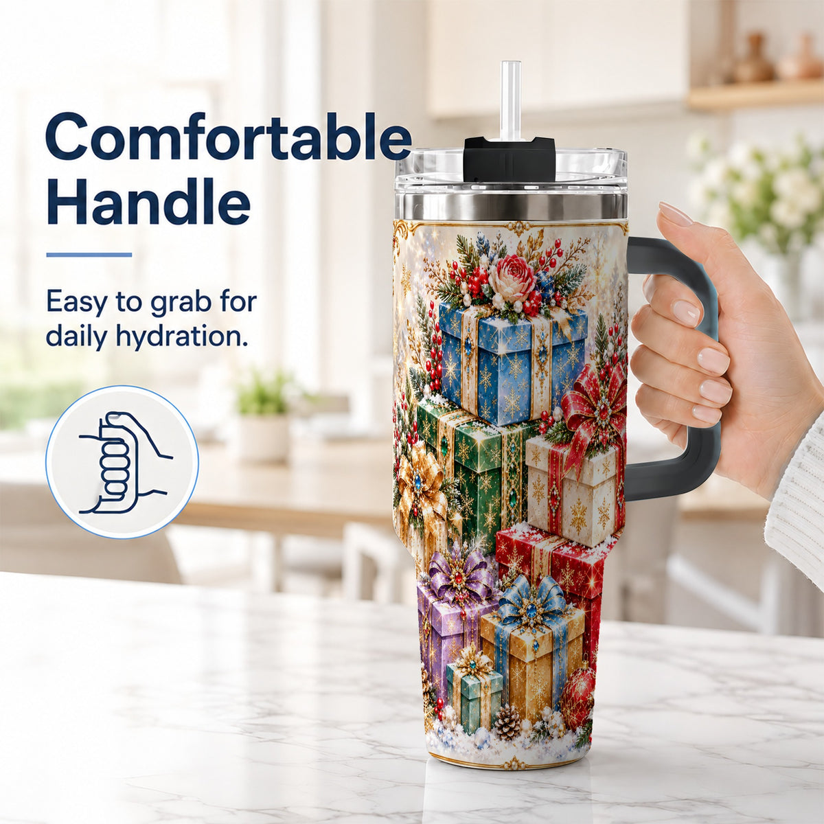 #pl[40oz|Black] Snowflake Christmas Gifts 40oz Tumbler with Handle, Festive Winter Art