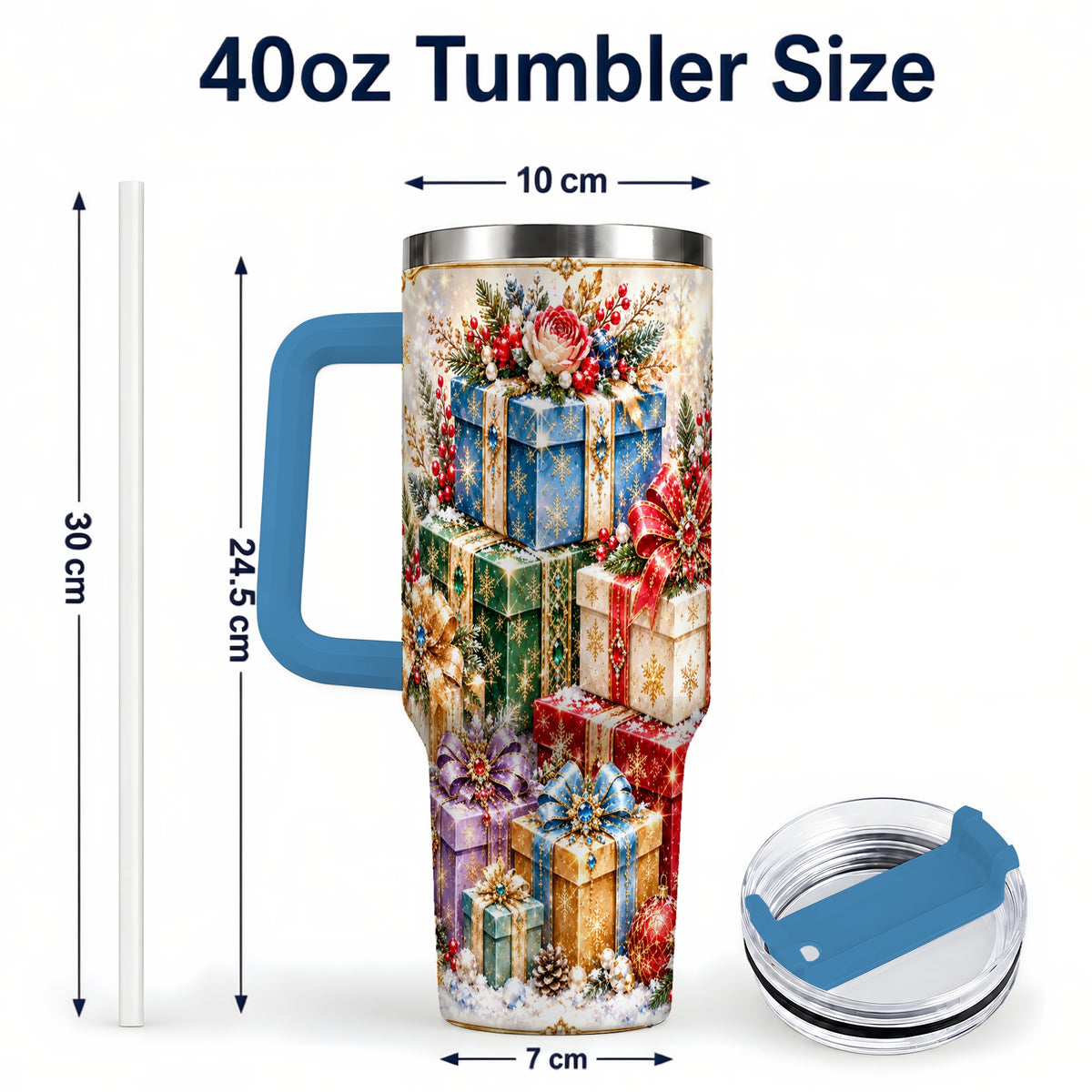 #pl[40oz|Blue] Snowflake Christmas Gifts 40oz Tumbler with Handle, Festive Winter Art