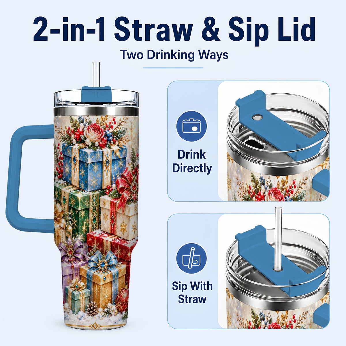 #pl[40oz|Blue] Snowflake Christmas Gifts 40oz Tumbler with Handle, Festive Winter Art