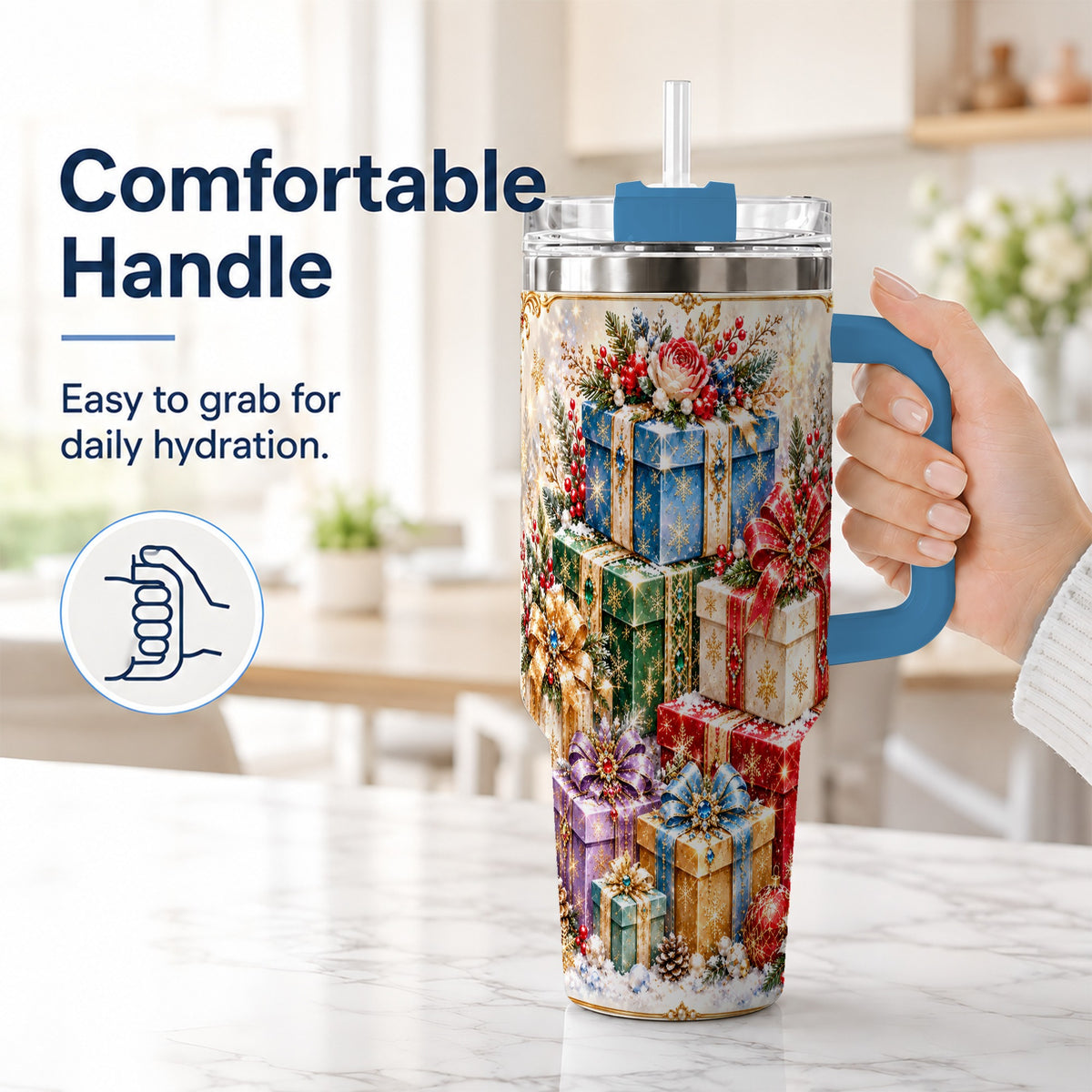 #pl[40oz|Blue] Snowflake Christmas Gifts 40oz Tumbler with Handle, Festive Winter Art