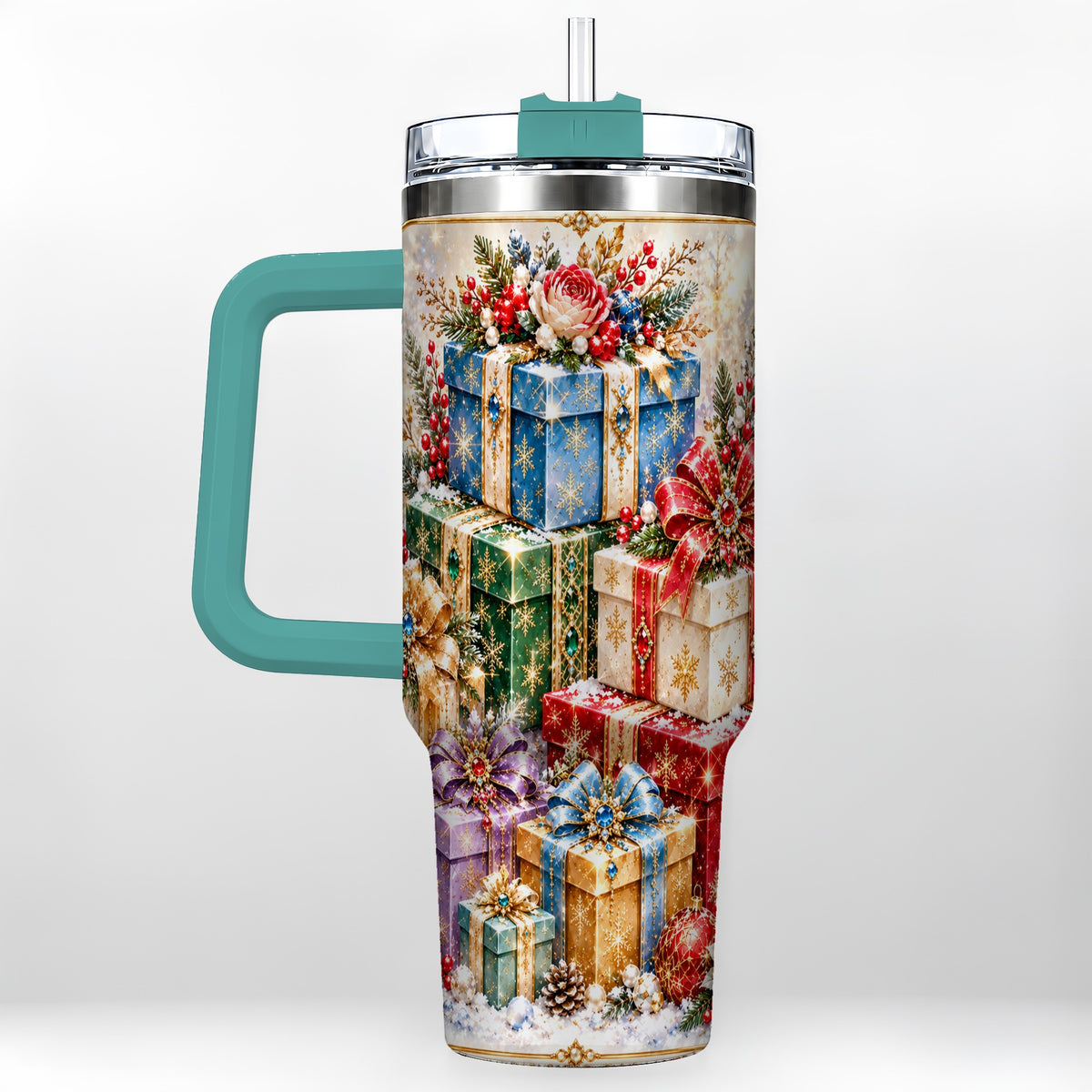 #pl[40oz|Green] Snowflake Christmas Gifts 40oz Tumbler with Handle, Festive Winter Art