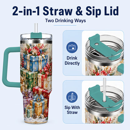 #pl[40oz|Green] Snowflake Christmas Gifts 40oz Tumbler with Handle, Festive Winter Art