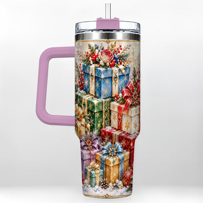 #pl[40oz|Pink] Snowflake Christmas Gifts 40oz Tumbler with Handle, Festive Winter Art