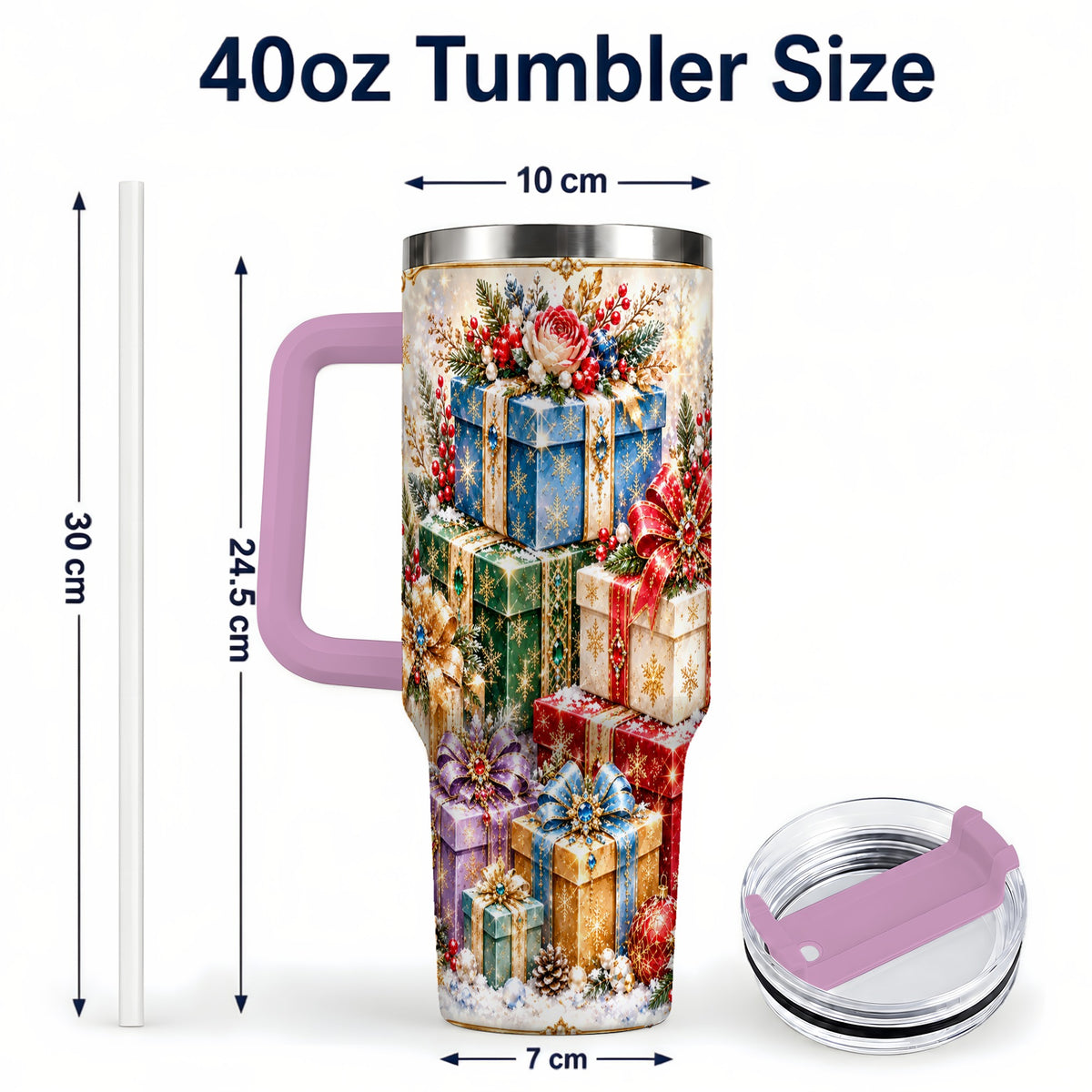 #pl[40oz|Pink] Snowflake Christmas Gifts 40oz Tumbler with Handle, Festive Winter Art