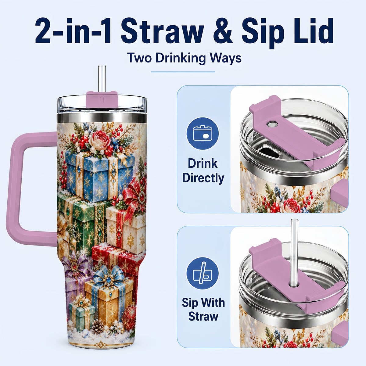 #pl[40oz|Pink] Snowflake Christmas Gifts 40oz Tumbler with Handle, Festive Winter Art
