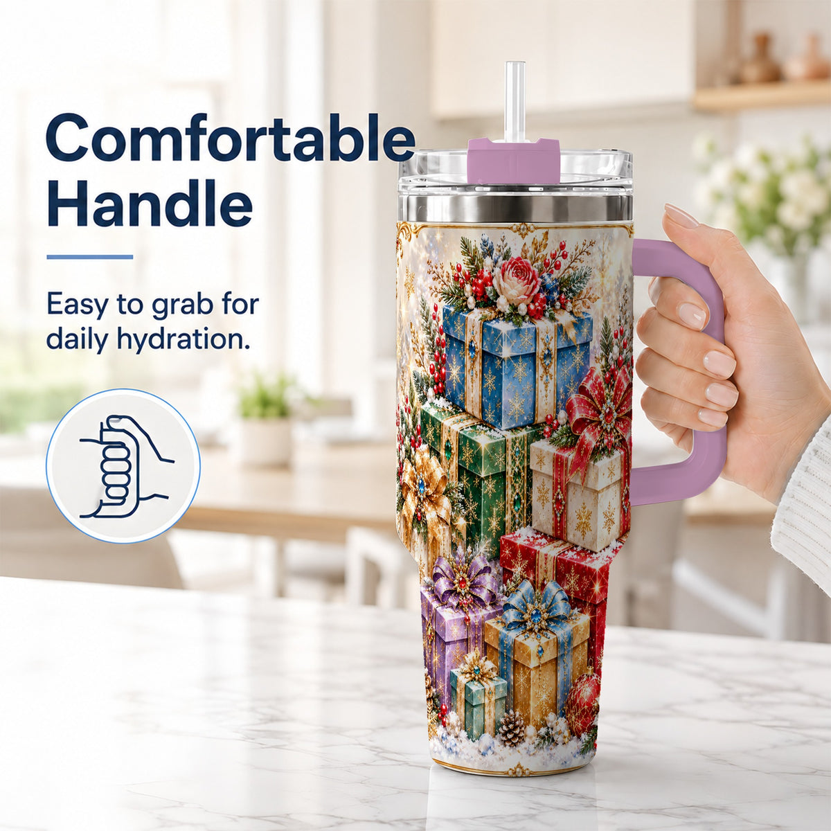 #pl[40oz|Pink] Snowflake Christmas Gifts 40oz Tumbler with Handle, Festive Winter Art