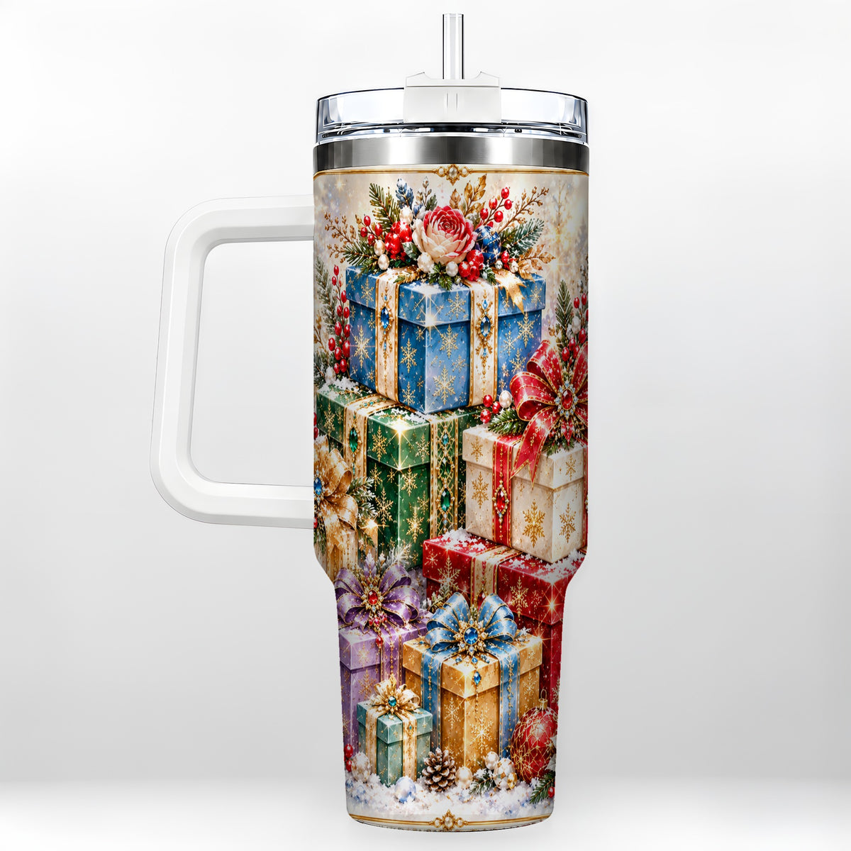 Snowflake Christmas Gifts 40oz Tumbler with Handle, Festive Winter Art