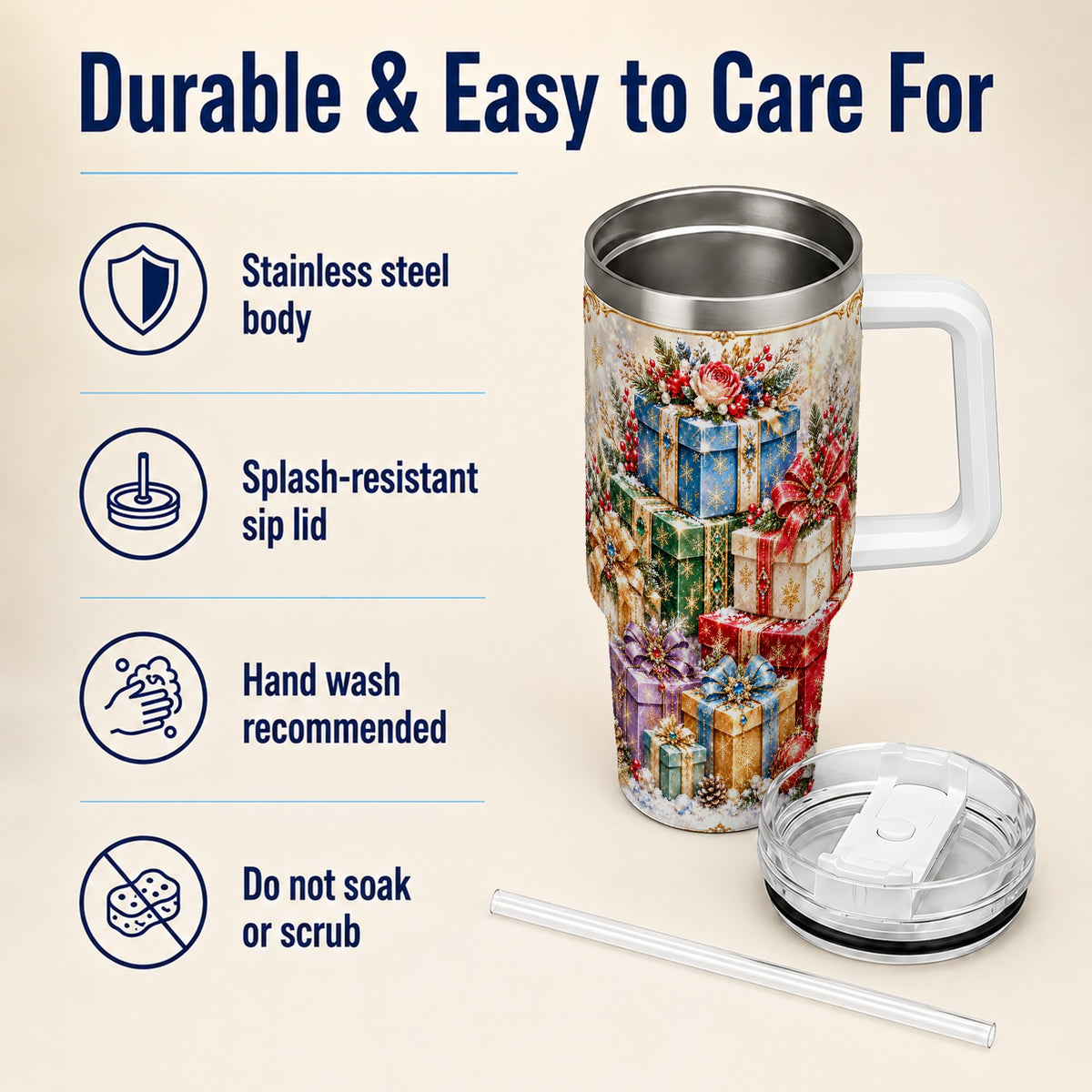 Snowflake Christmas Gifts 40oz Tumbler with Handle, Festive Winter Art