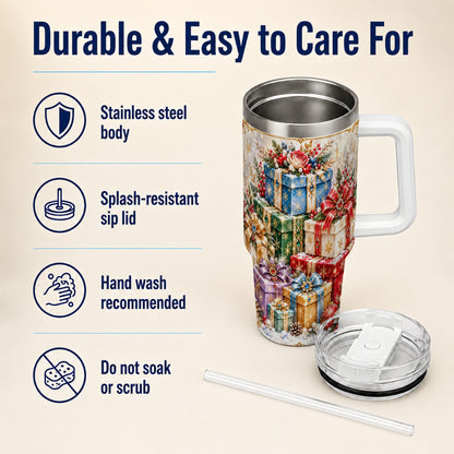 Snowflake Christmas Gifts 40oz Tumbler with Handle, Festive Winter Art