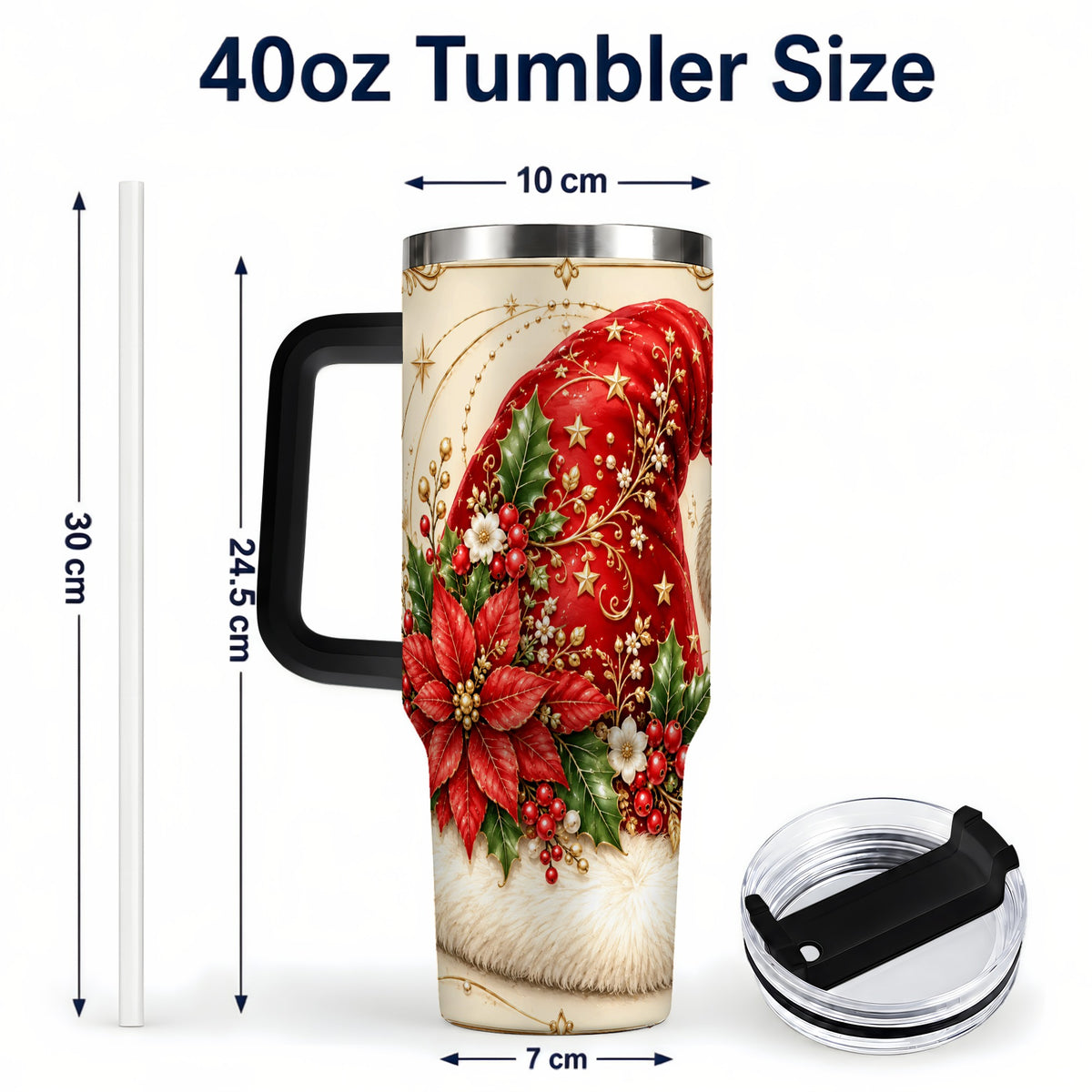#pl[40oz|Black] Santa Hat Poinsettia 40oz Tumbler with Handle, Christmas Floral Art