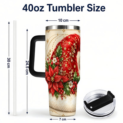 #pl[40oz|Black] Santa Hat Poinsettia 40oz Tumbler with Handle, Christmas Floral Art