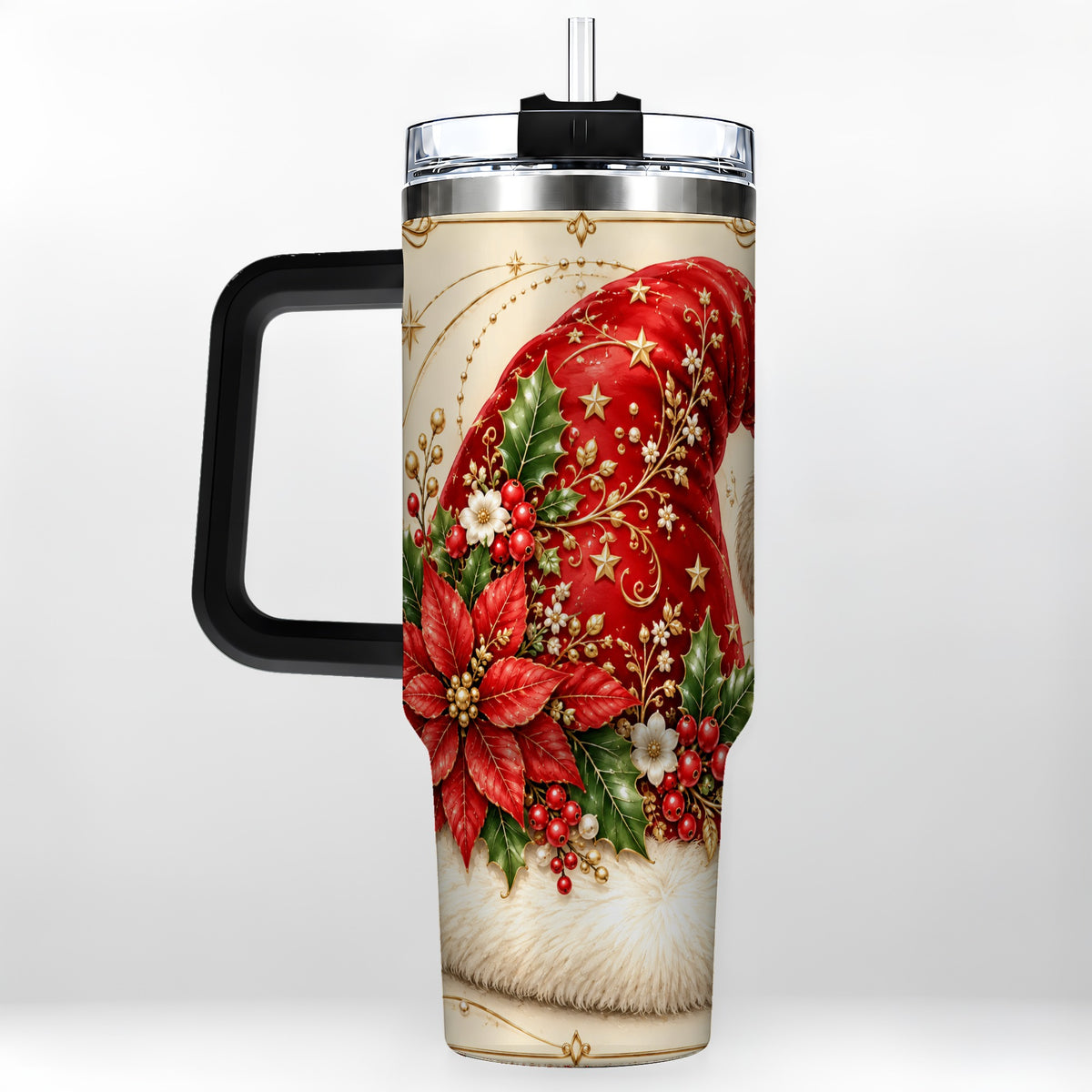 #pl[40oz|Black] Santa Hat Poinsettia 40oz Tumbler with Handle, Christmas Floral Art