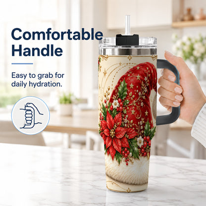 #pl[40oz|Black] Santa Hat Poinsettia 40oz Tumbler with Handle, Christmas Floral Art
