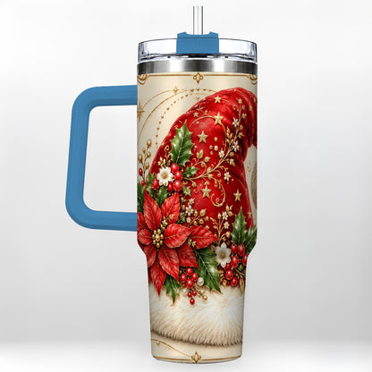 #pl[40oz|Blue] Santa Hat Poinsettia 40oz Tumbler with Handle, Christmas Floral Art
