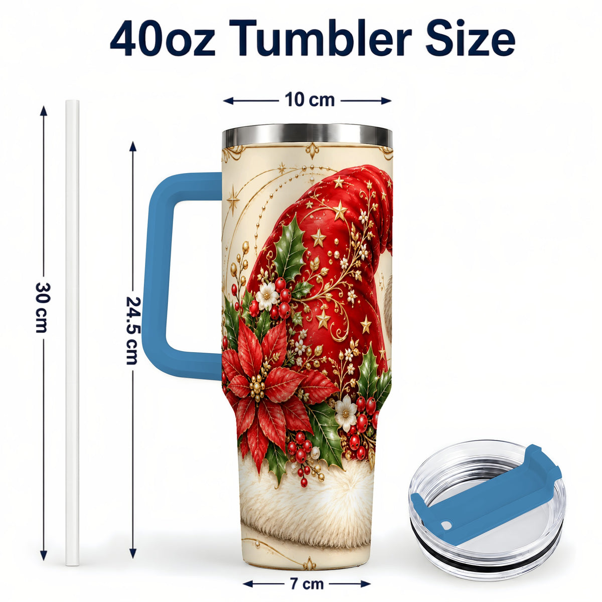 #pl[40oz|Blue] Santa Hat Poinsettia 40oz Tumbler with Handle, Christmas Floral Art