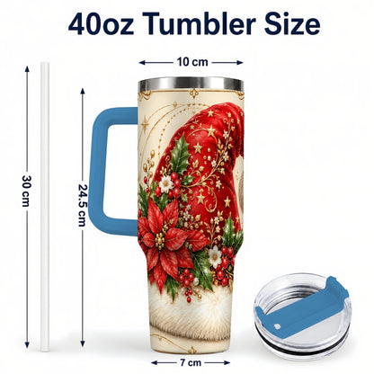 #pl[40oz|Blue] Santa Hat Poinsettia 40oz Tumbler with Handle, Christmas Floral Art
