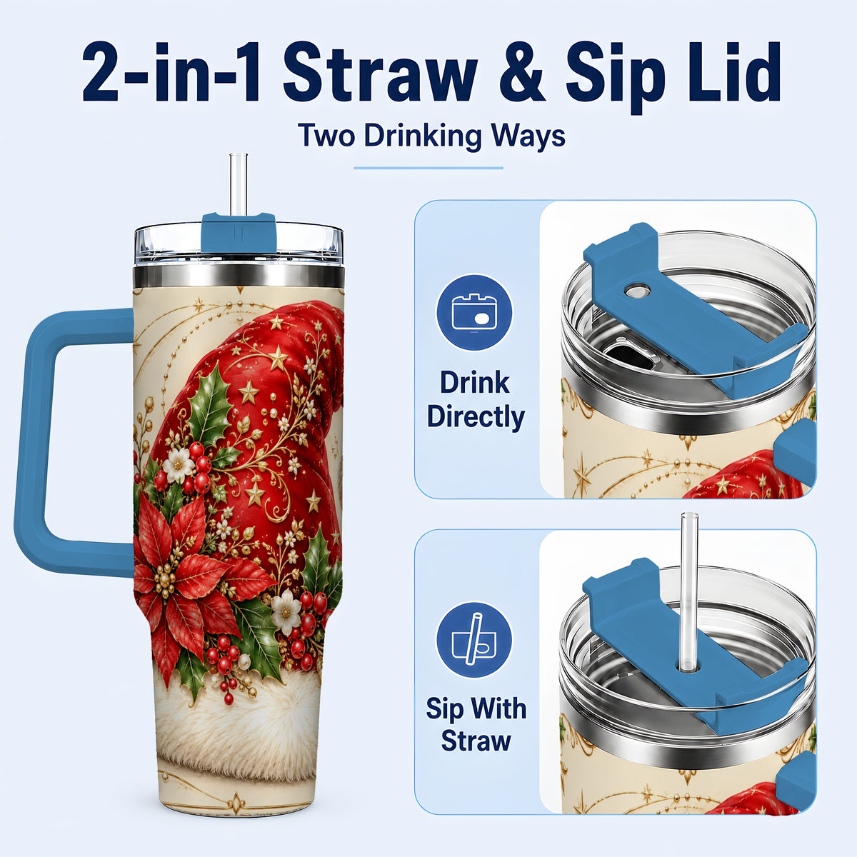 #pl[40oz|Blue] Santa Hat Poinsettia 40oz Tumbler with Handle, Christmas Floral Art