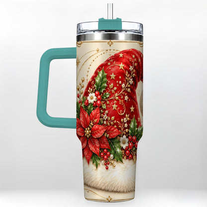 #pl[40oz|Green] Santa Hat Poinsettia 40oz Tumbler with Handle, Christmas Floral Art