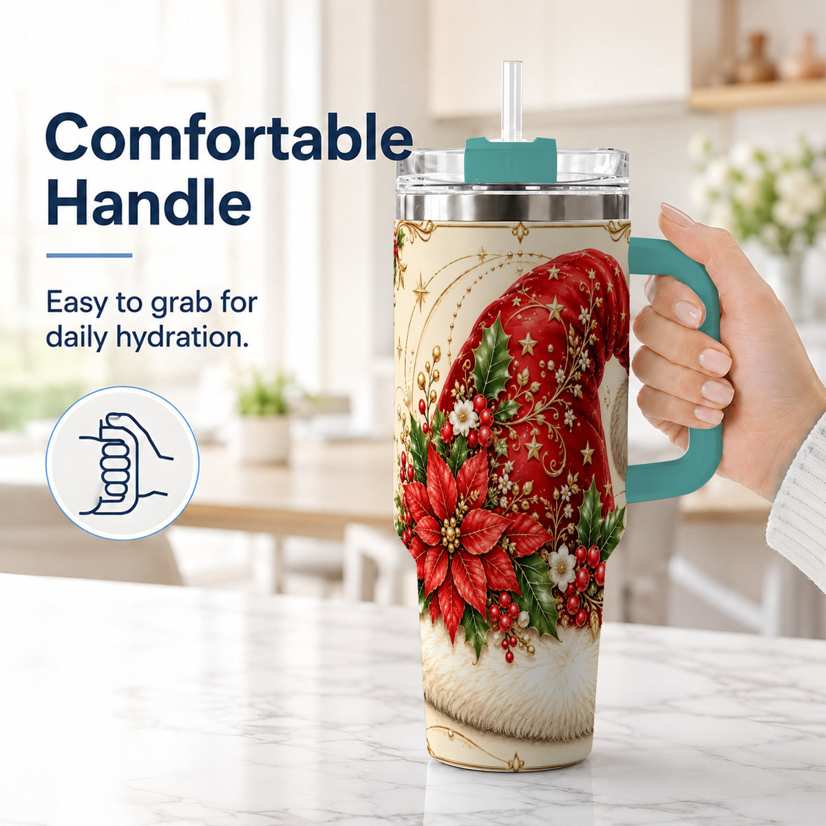 #pl[40oz|Green] Santa Hat Poinsettia 40oz Tumbler with Handle, Christmas Floral Art