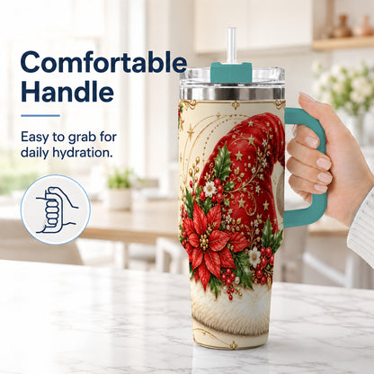 #pl[40oz|Green] Santa Hat Poinsettia 40oz Tumbler with Handle, Christmas Floral Art