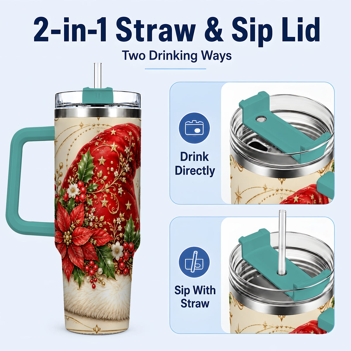 #pl[40oz|Green] Santa Hat Poinsettia 40oz Tumbler with Handle, Christmas Floral Art