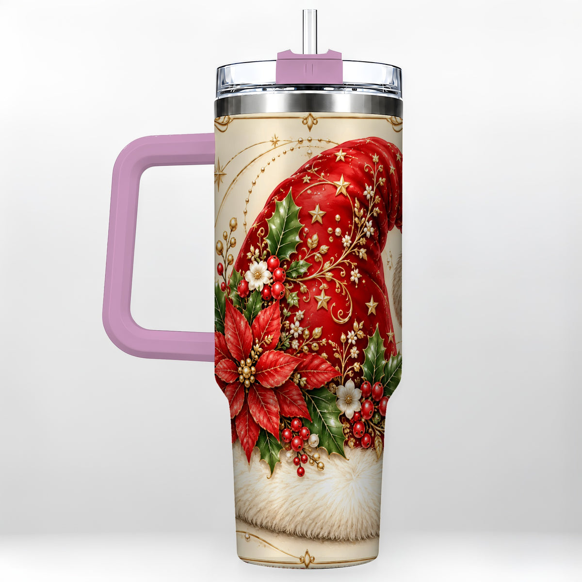 #pl[40oz|Pink] Santa Hat Poinsettia 40oz Tumbler with Handle, Christmas Floral Art
