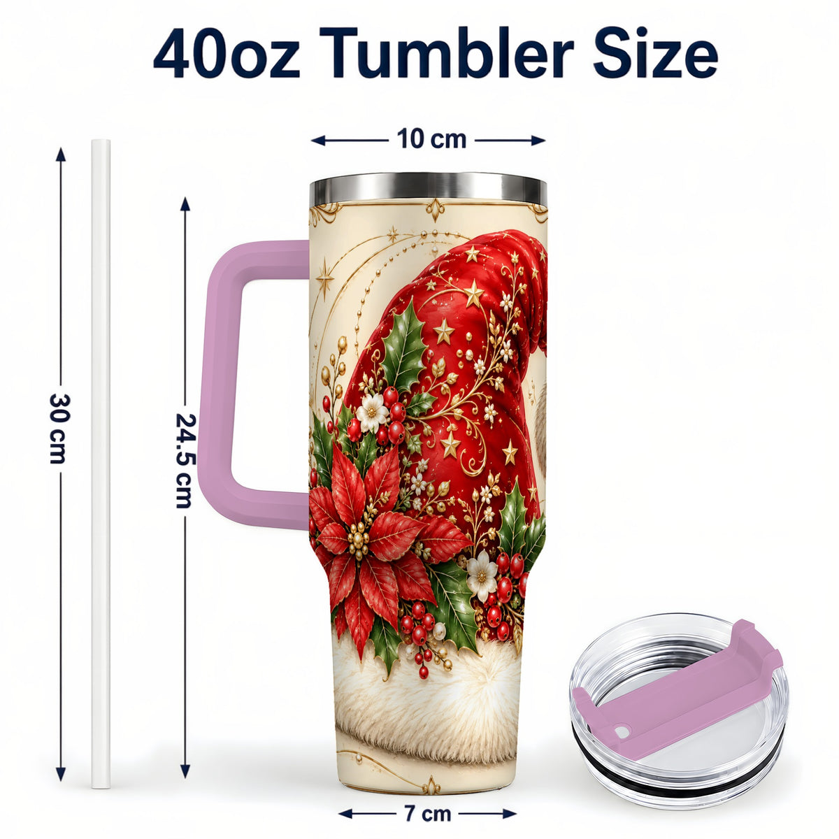 #pl[40oz|Pink] Santa Hat Poinsettia 40oz Tumbler with Handle, Christmas Floral Art