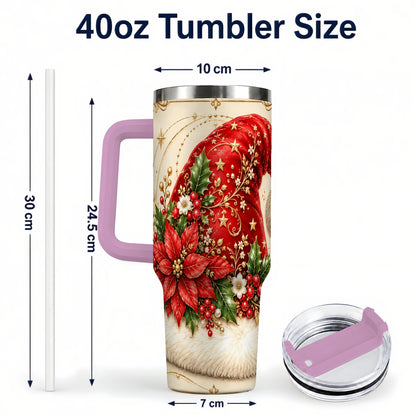 #pl[40oz|Pink] Santa Hat Poinsettia 40oz Tumbler with Handle, Christmas Floral Art
