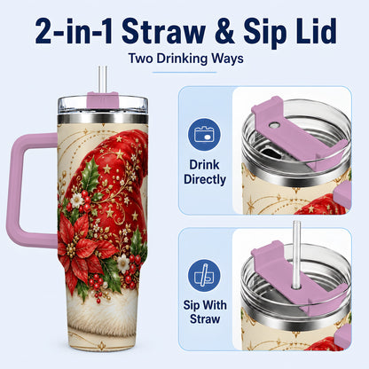 #pl[40oz|Pink] Santa Hat Poinsettia 40oz Tumbler with Handle, Christmas Floral Art