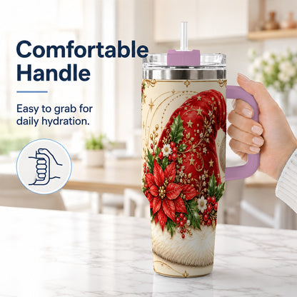 #pl[40oz|Pink] Santa Hat Poinsettia 40oz Tumbler with Handle, Christmas Floral Art