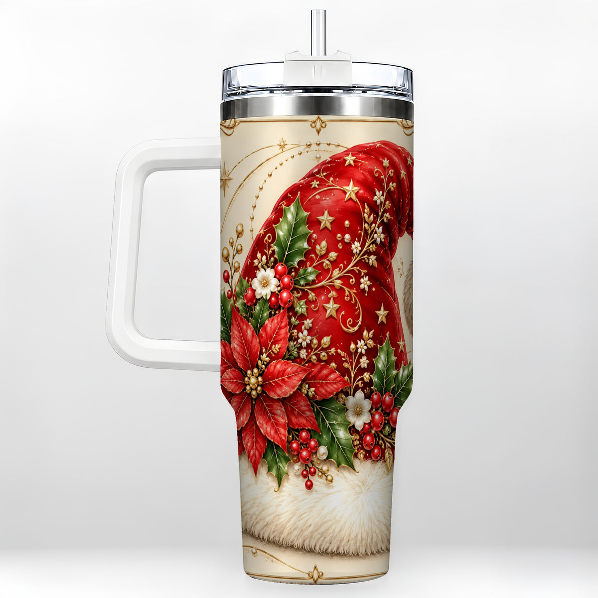 Santa Hat Poinsettia 40oz Tumbler with Handle, Christmas Floral Art