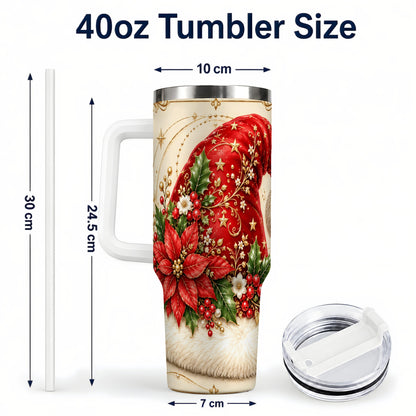 #pl[40oz|White] Santa Hat Poinsettia 40oz Tumbler with Handle, Christmas Floral Art