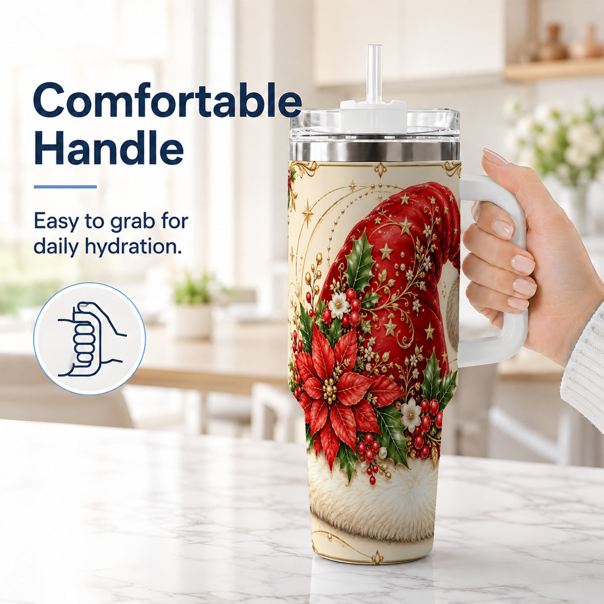 #pl[40oz|White] Santa Hat Poinsettia 40oz Tumbler with Handle, Christmas Floral Art