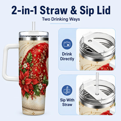 #pl[40oz|White] Santa Hat Poinsettia 40oz Tumbler with Handle, Christmas Floral Art