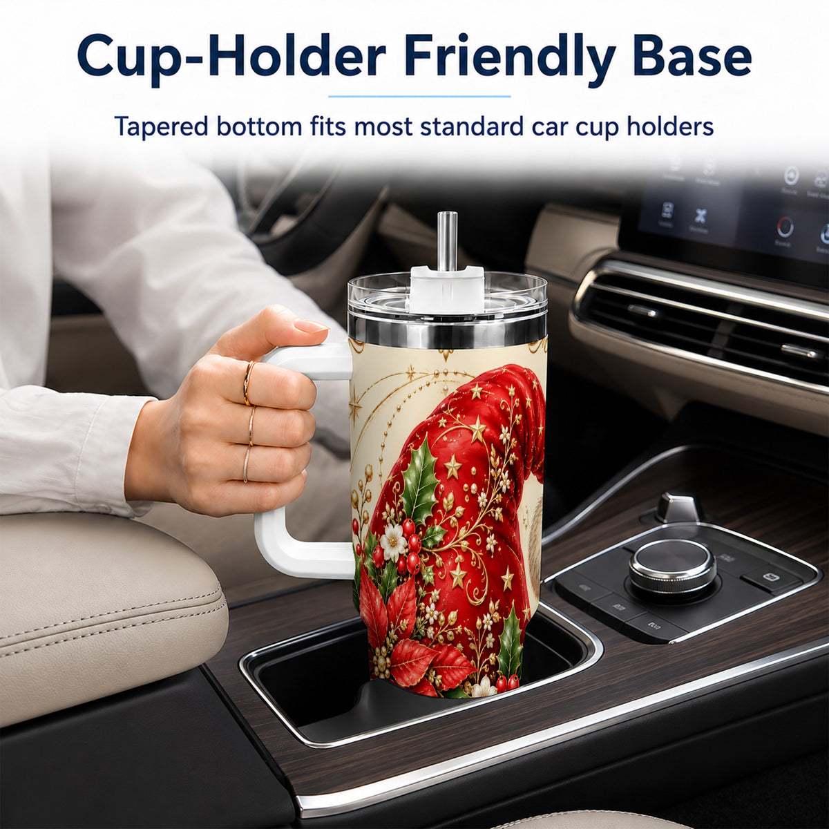 Santa Hat Poinsettia 40oz Tumbler with Handle, Christmas Floral Art