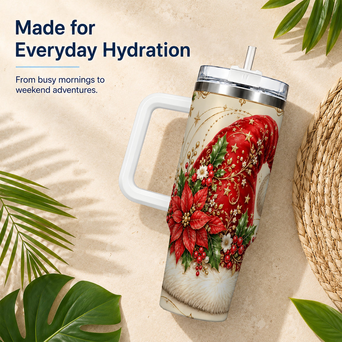 Santa Hat Poinsettia 40oz Tumbler with Handle, Christmas Floral Art
