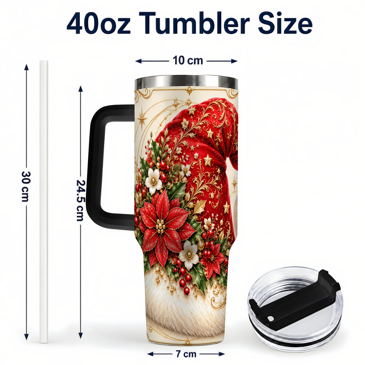 #pl[40oz|Black] Ornate Santa Hat 40oz Tumbler with Handle, Christmas Botanical Design