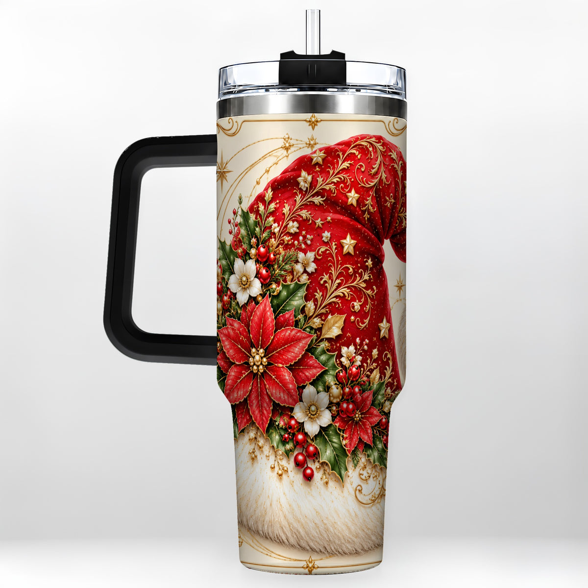 #pl[40oz|Black] Ornate Santa Hat 40oz Tumbler with Handle, Christmas Botanical Design