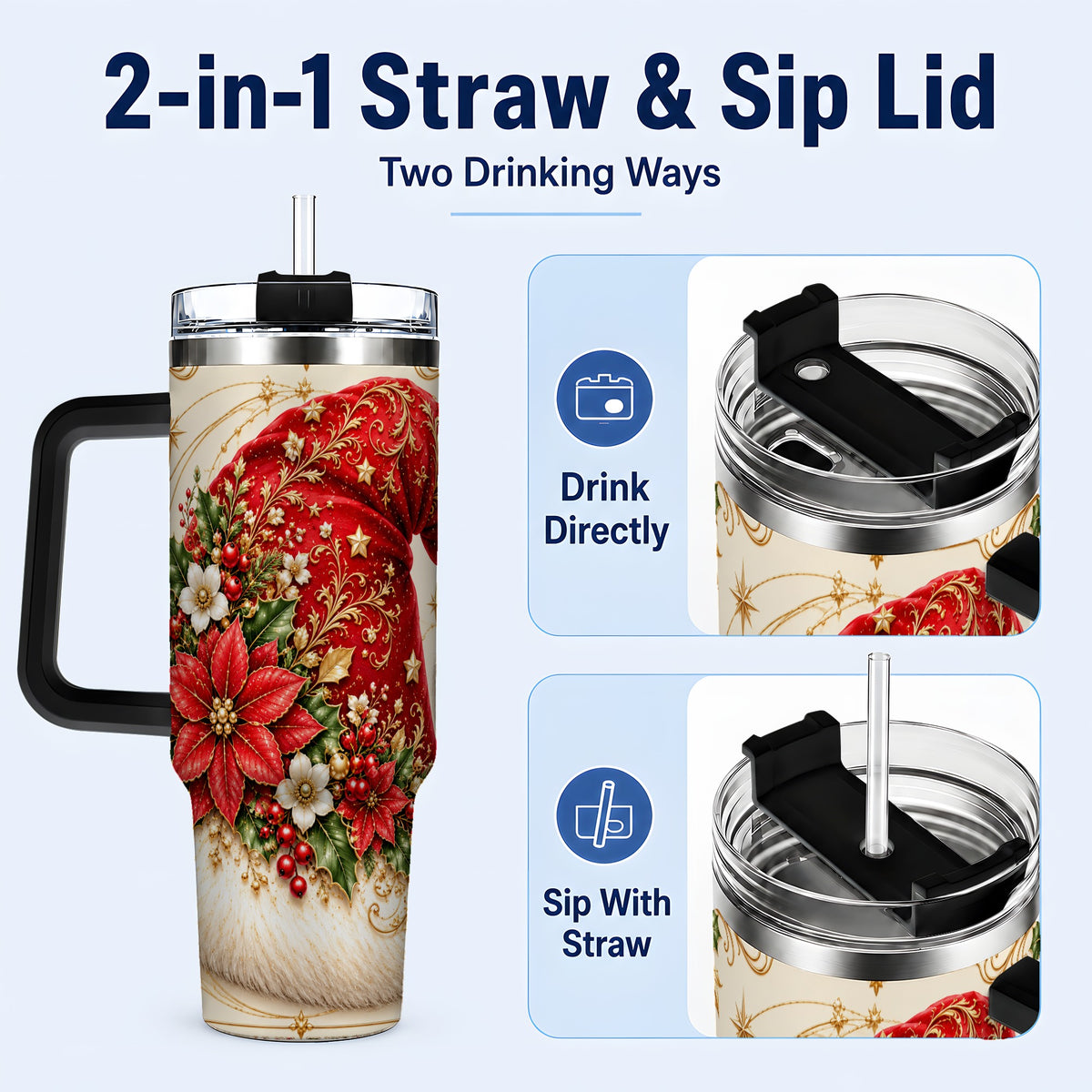 #pl[40oz|Black] Ornate Santa Hat 40oz Tumbler with Handle, Christmas Botanical Design