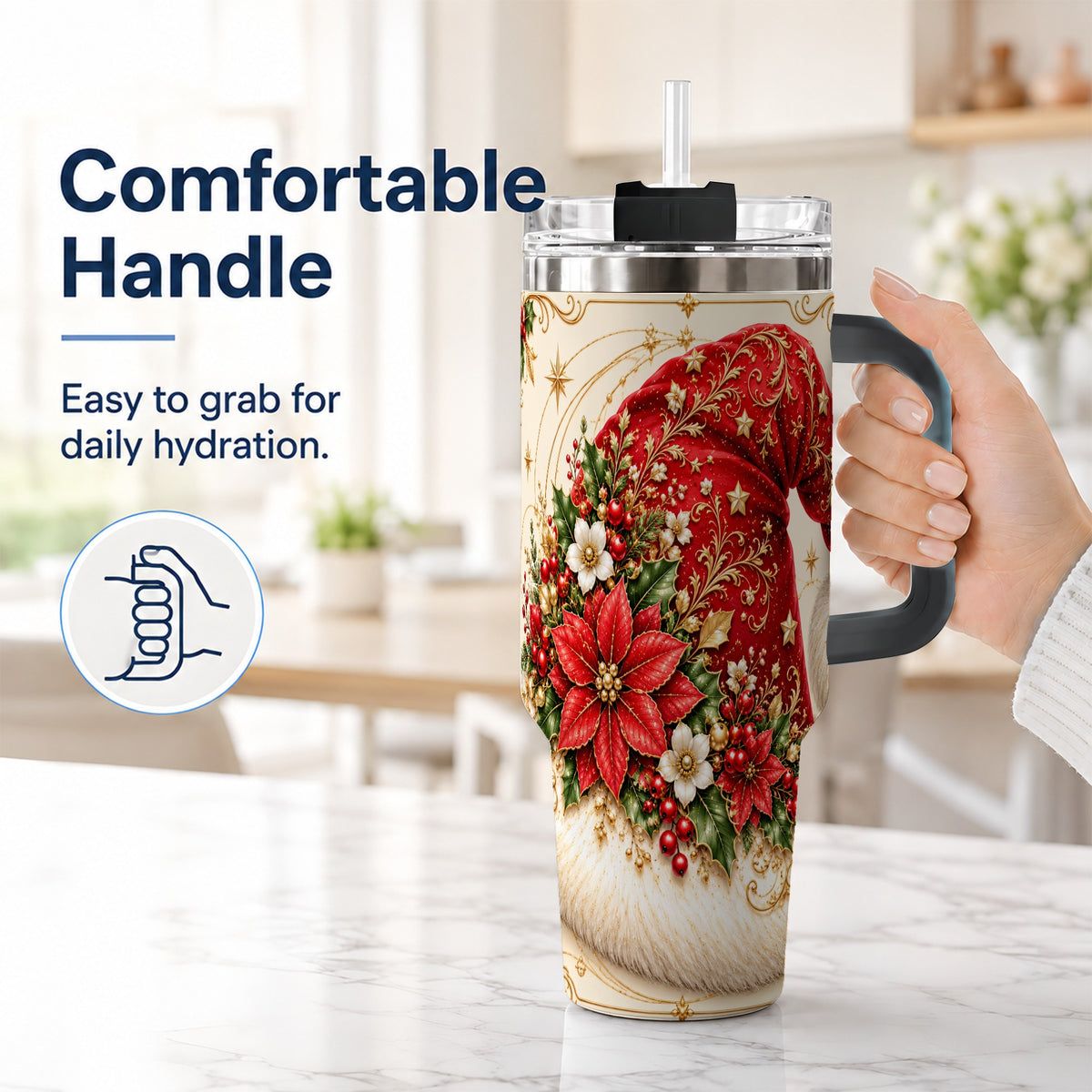 #pl[40oz|Black] Ornate Santa Hat 40oz Tumbler with Handle, Christmas Botanical Design