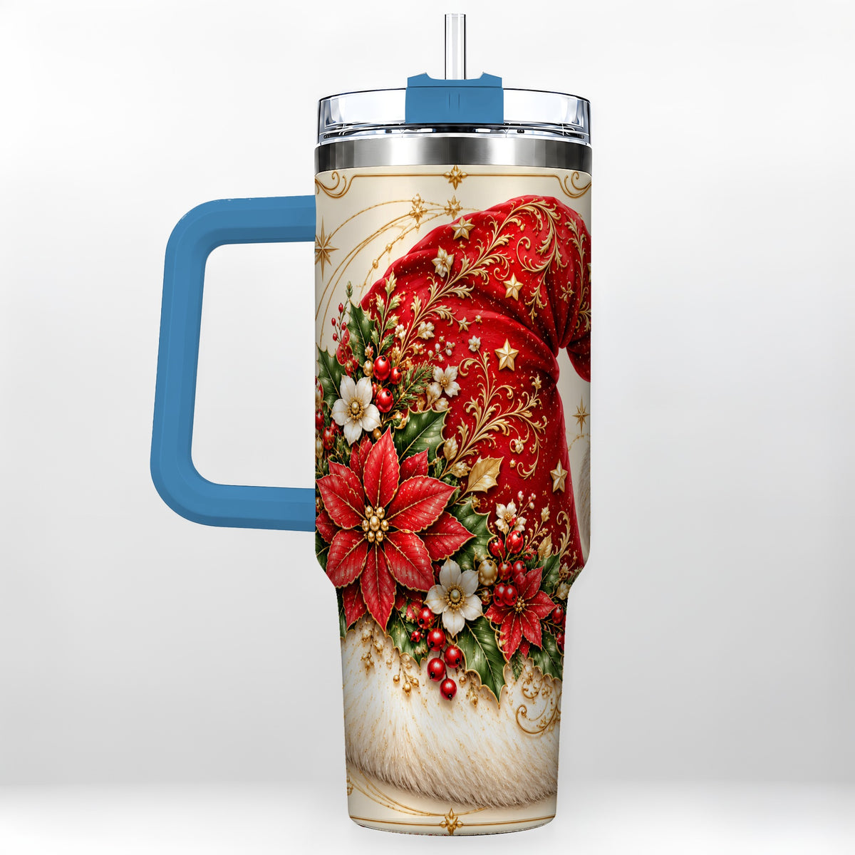 #pl[40oz|Blue] Ornate Santa Hat 40oz Tumbler with Handle, Christmas Botanical Design