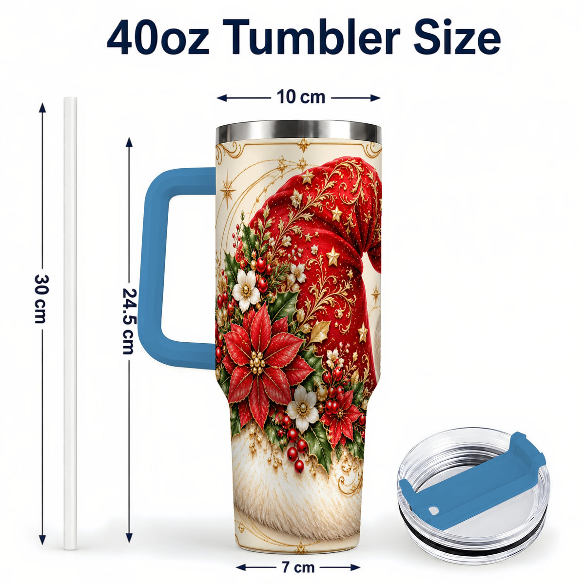 #pl[40oz|Blue] Ornate Santa Hat 40oz Tumbler with Handle, Christmas Botanical Design