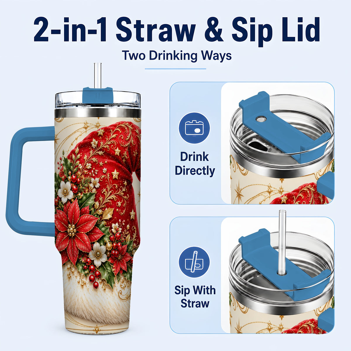 #pl[40oz|Blue] Ornate Santa Hat 40oz Tumbler with Handle, Christmas Botanical Design